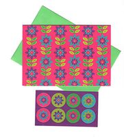 Floral Themed Set of 8 Blank Notecards ~ Interlocking Flowers with Stems (3.75" x 5.25"; Green Envelopes with 8 Flower Head Seals)