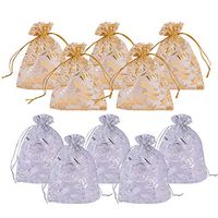PH Pandahall 200 PCS 4 x 4.7 Inches Rose Printed Organza Bags Jewelry Pouch Bags Organza Velvet Drawstring Pouches Wedding Favors Candy Gift Bags, Silver & Golden