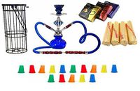 Zebra Smoke Series: 11" 2 Hose Pumpkin Hookah with Cage- Complete Set- Combo KIT SET w/ Instant Charcoal (Like Three Kings Charcoal), Hydro Herbal Molasses(like Blue Mist), and Hookah Mouth Tips (Pick Your Color) (Blue)