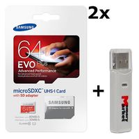 128GB - 2x Samsung Evo Plus 64GB MicroSD XC Class 10 UHS-1 80mb/s Mobile Memory Card 64G MB-MC64DA with Adapter and USB 2.0 MemoryMarket dual slot MicroSD & SD Memory Card Reader