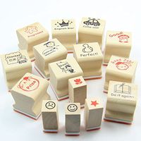 Set of 15 Teacher stamp Wooden Rubber Cartoon Stamp school homework reward Education Praise