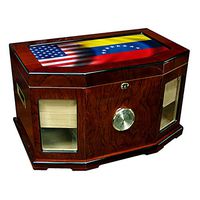Large Premium Desktop Humidor - Glass Top - Flag of Venezuela (Venezuelan) - Waves with USA Flag - 300 Cigar Capacity - Cedar Lined with Two humidifiers & Large Front Mounted Hygrometer.