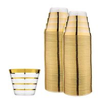 Perfect Settings 110 Fancy Disposable Clear Plastic Cups Elegant Party Cups Four Line Gold Rim 9 Ounce Fancy Wedding Cups