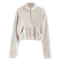 CHIDY Fleece Pullover for Women Solid Half Zip Long Sleeve High Neck Sweatshirt Pullover with Pocket Winter(S,Beige)