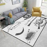 Hunting Print Rug, Hunting Store and Club Labels Duck Goose Mallard Shotgun Rifles Reed Bed Print, Durable Rugs - Living, Dinning, Office, Rooms & Bedrrom, Hallway Carpet(4'x 6') Grey White
