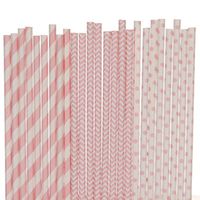 Pink Paper Straw Mix - Chevron, Polka Dot, Striped (100)