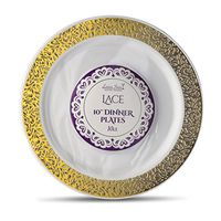 [10 Count - 10 Inch Plates] Laura Stein Designer Tableware Premium Heavyweight Plastic White Dinner Plates With Gold Border, Party & Wedding Plate, Lace Series, Disposable Dishes