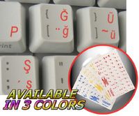TURKISH Q KEYBOARD DECALS ON TRANSPARENT BACKGROUND WITH BLUE, RED OR YELLOW LETTERING (Red)