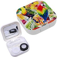 Portable Contact Lens Case Box Travel Kit Mirror + Bottle + Tweezers Container Holder [ Watercolor Parrots Tropical Flowers ]