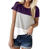Theoylos Women's Short Sleeve Round Neck Triple Color Block Stripe T-Shirt Ladies Loose Casual Short Sleeve Purple