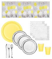 Gender Neutral Baby Shower Supplies - Gray Dot Plates & Napkins With Yellow Plates & Cups, Coordinating Hanging String Decorations & Shiny Silver Premium Quality Plasticware - Serves 16 Guests