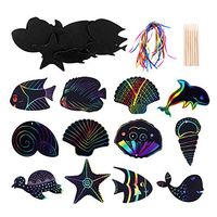 Magic Scratch Art Card 24 Pieces of  Sea World Theme DIY  Painting  Art Craft Set with Hole Hanging Label Wooden Styluses Ribbon for Children's Toys Birthday  Party Decorations