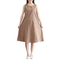 Vintage Summer Casual Cute Women Cotton Linen Sleeveless Loose Midi Dress Khaki