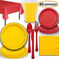 Disposable Party Supplies, Serves 40 - Yellow and Red - Large and Small Paper Plates, 12 oz Plastic Cups, Heavyweight Cutlery, Napkins, and Tablecloths. Full Two-Tone Tableware Set