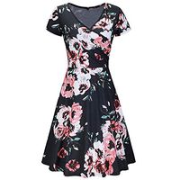 LONGDAY 🍁 Summer Short Sleeves Midi Dress Casual Tunic Mini Dress Wrap V-Neck Flowy Pockets Swing Floral Sundress Black
