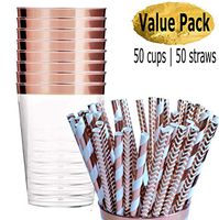 50 Rose Gold Rimmed Plastic Cups | 50 Rose Gold Fancy Paper Straws | Rose Gold Party Cups and Eco Friendly Paper Straws | 100 Piece Value Pack | Disposable Cocktail Glasses | 12 Oz Party Cups