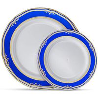 Laura Stein Designer Dinnerware Set | 64 Disposable Plastic Party Plates | White Wedding Plate with Blue Rim & Gold Accents | Includes 32 x 10.75" Dinner Plates + 32 x 7.5” Salad Plates | Cobalt Blue