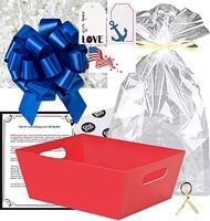 Gift Basket Making Kit - Do It Yourself, DIY Build Your Own Gift Basket, Matching Supplies, Market Tray, Cellophane Bag, Shredded Crinkle Paper, Ribbon Pull Bow (RED White and Blue, X-Large)