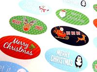 Pack of 48 Merry, Happy Christmas Oval Stickers, Colourful Envelope Seals Labels for Cards, Festive Craft and Decoration