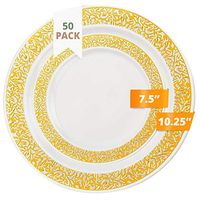 Party Joy 50-Piece Plastic Dinnerware Set | Lace Collection | (25) Dinner Plates & (25) Salad Plates | Heavy Duty Premium Plastic Plates for Wedding, Parties, Camping & More (White w/ Gold Lace)