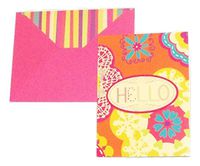Decorative Blank 3D Note Cards with Matching Envelopes ~ Hello, Flowers (6 Cards with Pink Envelopes Featuring a Multicolored Stripe Lining; 3.75" x 5")