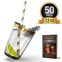 12 oz Gold Rim Plastic Cups with Paper Straws - 50 Elegant Clear Rimmed Cocktail & Dessert Tumblers for Weddings & Special Events - Reusable or Disposable - With Drinks Recipe eBook