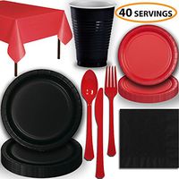 Disposable Party Supplies, Serves 40 - Black and Red - Large and Small Paper Plates, 12 oz Plastic Cups, Heavyweight Cutlery, Napkins, and Tablecloths. Full Two-Tone Tableware Set