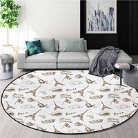 RUGSMAT Paris Round Area Rug,World Famous Town France Tourist Icons Wine Coffee Cheese Bakery Hand Drawn Print Design Non-Slip Fabric Round Rugs for Study Room,Diameter-51 Inch Brown White