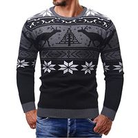 Men's Tops Slim Fit Long Sleeve Christmas Geometric Print Casual Sweater Blouse Pullover(L,Black)