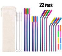 Metal Straws Reusable Stainless Steel Straws Curved Straight Colored Drinking Straws for 16 20 24 30 32oz Tumblers, with 24 Silicone Tips 4 Cleaning Brush 1 Pouch (Rainbow 8.5inch and 10.5inch)