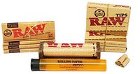 Bundle - 9 Items - Raw Unbleached Classic 1 1/4 Size Cigarette Rolling Papers (4 Packs), RAW Pre-Rolled Tips (3 Packs), RAW 79mm Cigarette Roller and Rolling Paper Depot Kewl Tube
