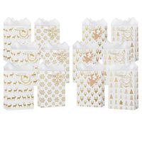 12 Pack of Christmas Gift Bags - with Tissue Paper and Note Tags Included - Premium Paper Bulk Variety Set - Medium - White and Gold