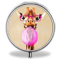 Compact 3 Compartment Medicine Case, IMLONE Customized Pink Glasses Giraffe Pill Organizer Metal Pill Box Pill Container for Purse, Travelling and Daily Needs