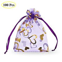 SumDirect 100Pcs 3 1/2x4 7/10 inch Light Purple Sheer Drawstring Heart Organza Jewelry Pouches, Favor Gift Bags for Wedding Party Christmas
