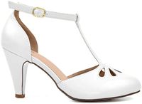Chase & Chloe Kimmy-36 Women's Teardrop Cut Out T-Strap Mid Heel Dress Pumps (6.5 B(M) US, White Pat)