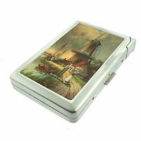 Cigarette Case with Built in Lighter Vintage Windmill S11 Smoking King Size Cigarettes Silver Metal Wallet 4" X 2.75" RFID Protection Retro Classic Scene