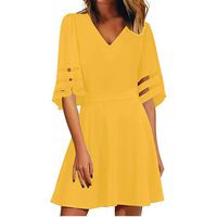 Nihewoo Womens Dresses Mesh Maxi Dress 3/4 Bell Sleeve V-Neck Flare Dress Loose Swing T-Shirt Dress Easter Dresses (L, Yellow)