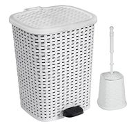 Superio Rattan (Wicker Style) Bathroom Set Toilet Brush and 6 Liter Compact Trash Bin (White and Black)