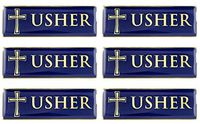 Gold Tone and Blue Enamel Metal Magnetic Badge for Church Volunteer or Elder, 3 Inch (Pack of 6, Usher)