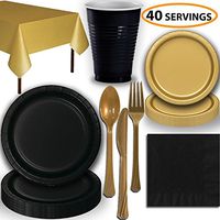 Disposable Party Supplies, Serves 40 - Black and Gold - Large and Small Paper Plates, 12 oz Plastic Cups, Heavyweight Cutlery, Napkins, and Tablecloths. Full Two-Tone Tableware Set