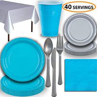 Disposable Party Supplies, Serves 40 - Turquoise and Silver - Large and Small Paper Plates, 12 oz Plastic Cups, Heavyweight Cutlery, Napkins, and Tablecloths. Full Two-Tone Tableware Set