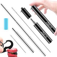 Reusable Travel Stainless Steel Telescopic Straws - ANBOW Metal Portable Retractable straw Drinking Straw with Case Keychain, Cleaning Brush and Silicone Tips (Black)