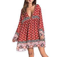 HNTDG Fashion Women Sexy Deep V-Neck Summer Beach Bohemian Sundress Loose Short Print Loose Long Sleeve Dress Red
