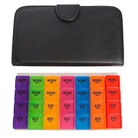 Rainbow Weekly 28 Compartments Pill Organizer with Snap Lids 7-day Detachable Compartments for Pills, Vitamin. (XXL Black leather)