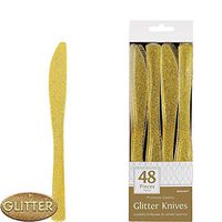ELEGANI Black & Gold Geometric Premium Tableware for Holidays, Parties, Wedding, Annniversary, New Year; Glitter Gold Premium Plastic Knives (2X Pack of 48ct Each)