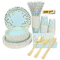 Blue and Gold Party Supplies Disposable Blue Paper Plates Dinnerware Set Gold Dots Dinner Plates Dessert Plates Cups and Plastic cutlery with Napkin Wedding Birthday Party Baby Shower Christmas