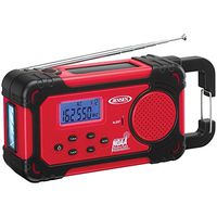 Jensen JEP-750 AM/FM Weather Band Alert Radio with 4-Way Power, Built-in Flashlight and Emergency USB Charging, Red