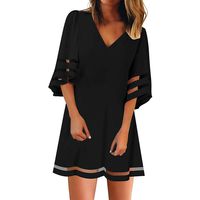 Nihewoo Womens Dresses Mesh Maxi Dress 3/4 Bell Sleeve V-Neck Flare Dress Loose Swing T-Shirt Dress Easter Dresses Black