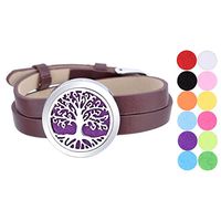 Tree of Life Aromatherapy Essential Oil Diffuser Bracelet Stainless Steel Locket Bangle Brown PU Leather Band 12 Refill Pads