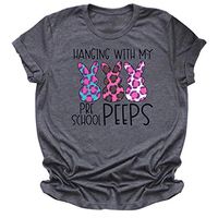 Eoeth Women Easter Leopard Bunny Letter Printing Short Sleeve O-Neck Tee Casual T-Shirt Tunic Blouse Tops Pullover Tee Gray